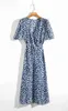 Summer French V neck Blue white Leopard Dot Print Wrap Dress Holiday Woman Lace up Short Sleeve One-piece Midi Tea Dresses 210429