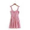 Vrouwen Sweet Plaid Plooited Sling Dress Sexy Backless Mouwloze Spaghetti Strap Vrouwelijke Zomer Mini Jurken Vestidos DS870 210420