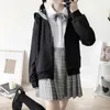 QWEEK Felpa con cappuccio con zip nera Kawaii da donna Felpa con colletto alla marinara Felpa giapponese streetwear morbida moda per ragazza 210813