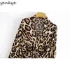 Mode Vrouwen Voorzijde Knoop Sexy Leopard Jurk Vrouwelijke revers Kraag Lange Mouw Casual Spring Plus Size Mini Robe 210514