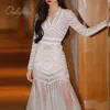 Summer Women Maxi Mermaid Sleeve White Lace Sexy Tulle Long Party Dress 210415