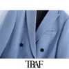 TRAF Women Fashion Double Breasted Loose Fitting Blazer Coat Vintage Long Sleeve Pockets Female Outerwear Chic Veste Femme 210415
