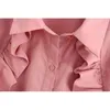 Vrouwen ruches shirt lente mode lange mouw zachte poplin roze tops moderne dame losse blouse 210602