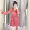 Cascading Ruffle Women Solid Puff Sleeve Mini Dress Sweet Pink Ladies V Neck Pleated Fashion Brodery Wrap Short Es 210515