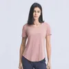 L-54 Ropa deportiva para Yoga y Fitness para mujer, Tops deportivos para correr, camisetas sencillas holgadas de lijado, pantalones cortos de manga corta, ropa de gimnasio ligera y transpirable