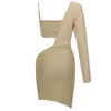 Kvinnor Sexig Långärmad Singel Khaki Elegant Bandage Dress Ladies Sparkly Celebrity Bodycon Party Vestido 210527