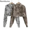 Nomikuma Vår Sommar Korta Kvinnor Blusar Koreansk Leopard Långärmad Skruvskjorta Causal Crop Top Blusas 6e514 210427