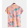 2021 Moda Camisa havaiana Mens engraçado estilo dinossauro desenhos animados impressos manga curta rosa camisas homens roupas coreanas 220218