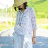 Kobiety letnia bluzka kwiatowy nadruk w szpic jadeint guziki cienkie trzy kwadrans