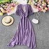 Neploe Beach Backless Dress Summer New Slim Wasit V-neck Puff Sleeve Temperament Solid Big Swing Women Dresses 82180 210423