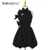 Patchwork Preto Bowknot Vestido para Mulheres Stand Collar Sem Mangas Cintura Alta Cintura Oco para fora Mini Vestidos Feminino 210520