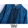 TRAF Donne Fashion Leopard Stampa Stampa Asimmetria Asmetria Vintage Manica Lunga Bottoni Shirt femminili Blusas Chic Tops 210415