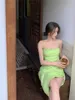 Mode Shirring Ruched Sexig Klänning Matchande Set Outfits Backless Women's Green Dress Summer 210529
