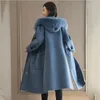 Femmes laine mélanges 2021 mode solide femmes longue laine manteau mince fermetures à glissière veste poches col de fourrure bleu cachemire et