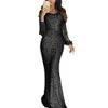 Hot Sales!!! Plus Size Chic Women Sequined Tassel Long Sleeve V Neck Bodycon Party Maxi Dress Y1006