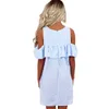 프릴 여성 드레스 섹시 어깨 지퍼 다시 파란색과 흰색 줄무늬 귀여운 드레스 캐주얼 여름 드레스 210518