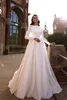 Eleganter Muslim Eine Linie Satin Brautkleider Herbst Brautkleider Für Frauen 2021 Lange Ärmel Appliques Spitze Einfache Braut Rezeption Kleid Elfenbein Weißer Robe de Mariée