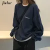 Jielur Kpop Letter Hoody Fashion Korean Thin Chic Women's Sweatshirts Cool Navy Blue Gray Hoodies for Women M-XXL 210728