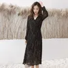 Women's Pleated Printed Dresses Fashion V-neck Flare Full Sleeve Lace Up Midi Dress Female Sexy Autumn Spring Vestidos 210514