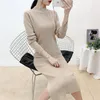 Fall Office Lady Temperament Medium Long Half High Neck A Line Sweater Dress Women's Casual Base Inner Split Knit 210520