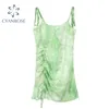 Tide Green Tie Dye Mini Dress Women Clubwear Bar Sexy Spaghetti Strap Crop Dresses Female Drawstring Lace-up Slim Vestidos 210417