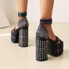 2022 Nowy Styl Lady Zamsz Ladies Leather 14CM Chunky High Heel Sandały Diament 6 CM Platformy Peep-Toe Wedding Party Shoes Kostki Pasek Mary Jane Klamra Rozmiar 34-43 Gingham