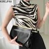 Korejpaa Frauen T-Shirt Sommer Koreanische Chic Stehkragen Zebra Muster Kontrast Farbe Slim-Fit Ärmellose Strick Pullover 210526