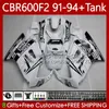 Body+Tank For HONDA CBR 600F2 600 F2 CC 600FS 91 92 93 94 Bodywork 63No.134 CBR600 FS CBR600F2 CBR600FS 1991 1992 1993 1994 CBR600-F2 600CC 91-94 Fairings Kit glossy white