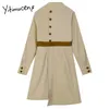 Yitimuceng ceintures bouton robes femmes solide printemps Stand simple boutonnage à manches longues taille haute coréen Vintage bureau dame 210601