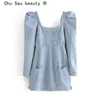 Fashion Casual Chic Blue Denim Mini Dress Women Autumn Square Collar Long Sleeve Two Pockets Dresses Female Vestidos 210508