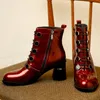 Real Leather High Heel Ankel Boots Kvinnor Skor Knapp Block Heels Zipper Lady Kort Höst Vinter Vin Röd Storlek 42 210517