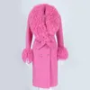 OFTBUY Real Fur Coat Winter Jacket Women Natural Mongolia Sheep Fur Collar Cashmere Wool Blends Long Outerwear Streetwear