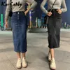 Karsany Denim Etek Uzun Düz S Bayan Yaz Mavi Vintage Jeans S için 210619