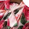 Sommardesigner Fashion Bow Collar Flower Print Långärmad Maxi Runway Dress Women Loose Bohemian Beach Robe Chiffon Vestidos 210601