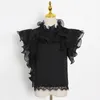 Kadınlar için zarif katı gömlek standı yaka kısa kollu patchwork fırfır siyah bluz femael moda giyim 210524