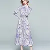 Hoge kwaliteit lente vintage print lange jurk vrouwen mode lantaarn mouw bohemian beach vakantie maxi met riem 210514