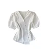 Femmes mode chemise à manches courtes patte de boutonnage boucle taille haute mince court couleur unie blanc noir Blouse S158 210527