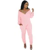 Womens Jumpsuits Rompers Long Sleeve Autumn Solid Color Back Zip V Neck Jumpsuit With Pocket