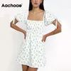 Femmes noeud papillon imprimé fleuri rétro Mini robes avec ceinture été bouffée à manches courtes doux col carré robe de plage 210413