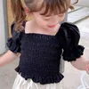 Summer Korean Style Puff Sleeve Princess Blouses Pure Color Cute Pleated Shirts Children's Clothing And 210528