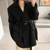 Veste de costume en laine avec ceinture femme automne hiver tendance épais solide noir décontracté blazer surdimensionné streetwear 210608