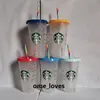 24 OZ Starbucks Glitter Kupa Plastik İçme Tumblers Renkli Bardaklar Kapaklı Ve Saman Şeker Renkler Ile Kullanımlık Soğuk İçecekler Fincan Flaş Kahve Bira Kupalar