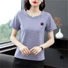 ストライプの女性TシャツアップリケトップスTシャツ韓国のファッションプラスサイズの服Camisetas Mujer Tee Shirt Femme 210615