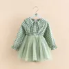 Barnens eleganta 3-8 10 12 år Långärmad prinsessa Plaid Mesh Patchwork Kids Baby Girls Lace Spring Autumn Dresses 210529