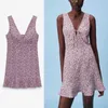 Za rosa blommig tryck mini klänning kvinnor ärmlös elastisk smocked ruffle ben knut klänningar kvinna sida zip vintage klänningar 210602