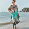 Plus Size Bikini Cover-ups Tissu à séchage rapide Vert Boho Imprimé Side Split Beach Wear Dress Pour Femmes Maillot De Bain Cover Up Q1172 210420