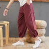 Kinesisk stil linne lösa långa byxor män randiga casual knickers bomull och linne bredben och fötter harlan byxor harem byxor x0723