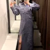 ビンテージエレガントなシングルブレスト長袖の女性のシャツのドレスのシンプルなソリッドカラースリムデザインのロングドレス秋210427