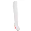 Çizmeler Beyaz Platform Kadın Stertch Pu Deri Diz Üzerinde Moda Kare Yüksek Topuk Uzun Sonbahar Kış Zip Ayakkabı