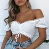 Off Shoulder Fashion Lace Up Shirts Bandage Blouse Women White Crop Tops Blouses Clothes Vintage Tie Front Tops 210514